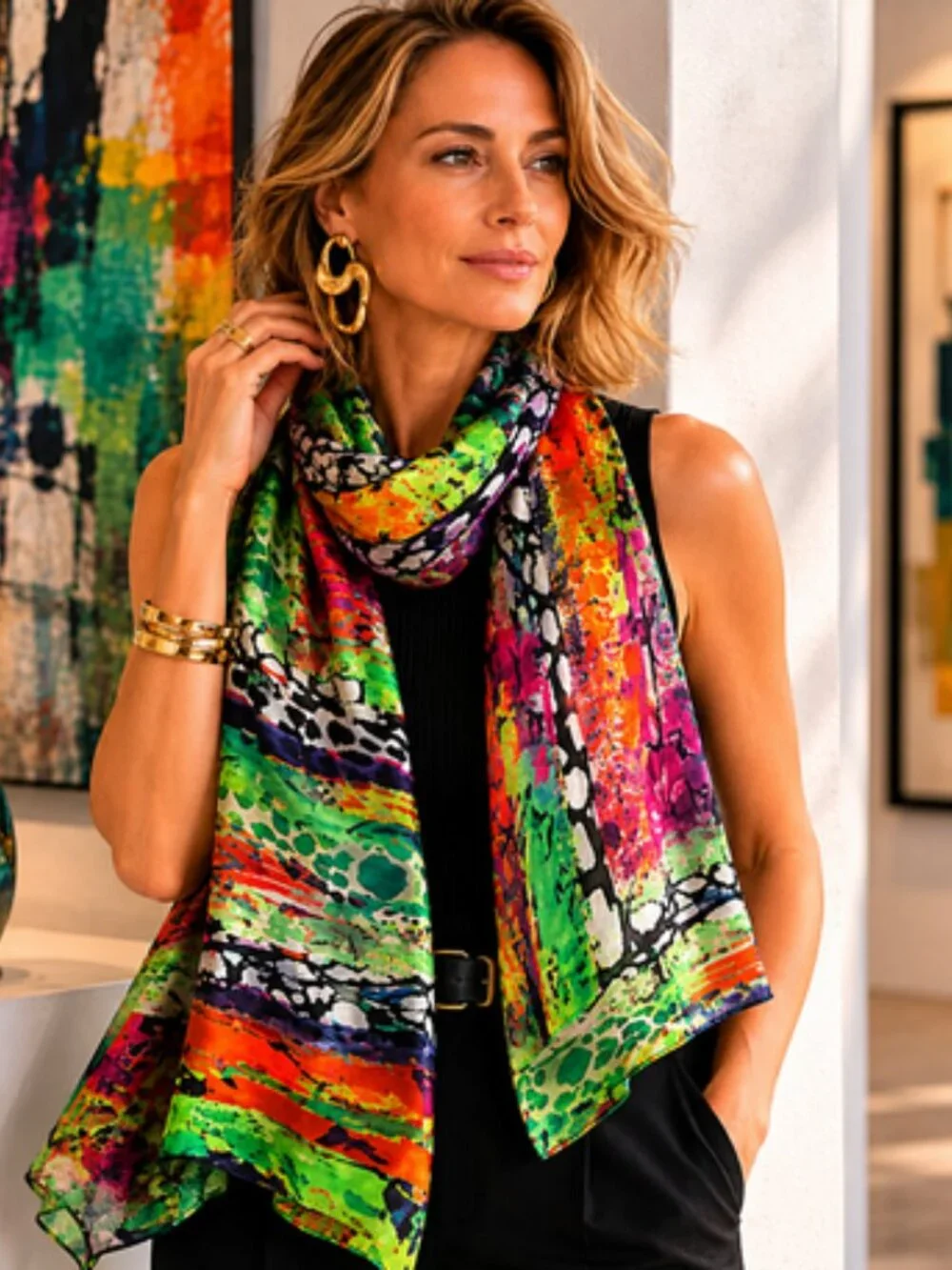 EVOLVE Multicolor Abstract Silky Scarf Tropical Art Print Wrap